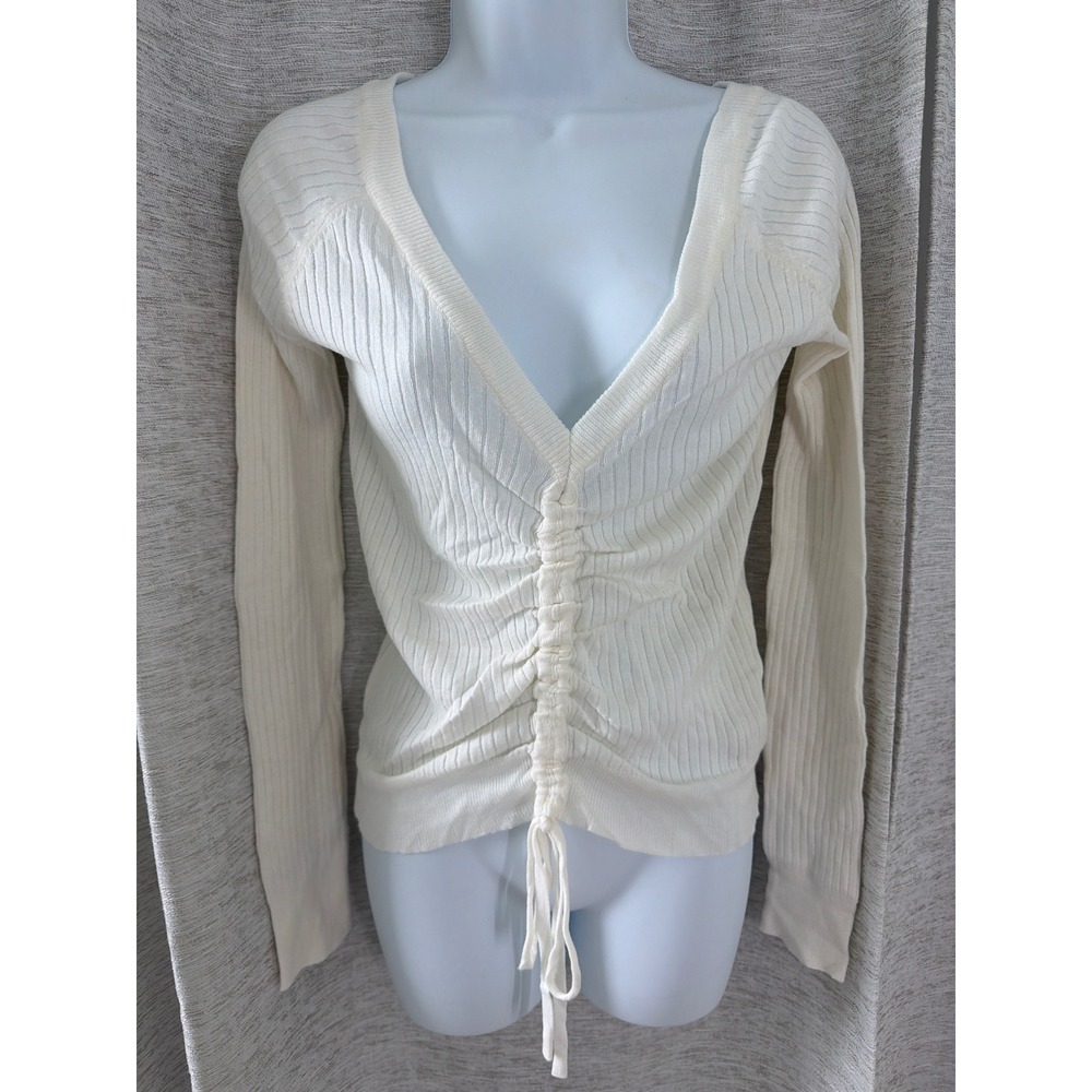 English Factory Ribbed Ruched V-Neck Long Sleeve Top Cream Medium NWT